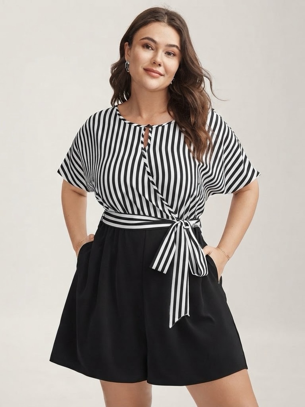 Bloom Chic striped black monotone romper with tie waist cotton